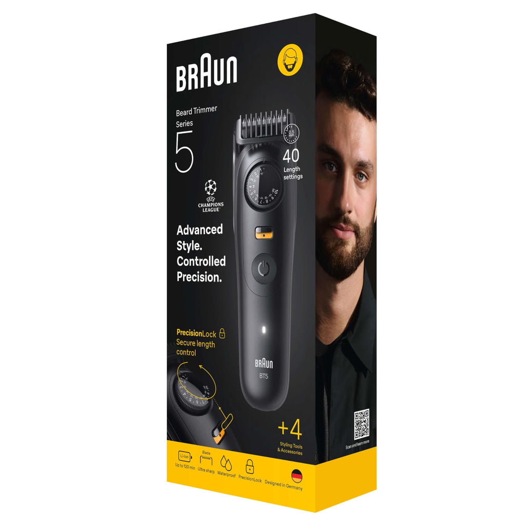 Series 5 Barttrimmer, +4 Stylinggeräte, extrem scharfe Klinge, 120 Minuten Laufzeit, BT5520, Schwarz