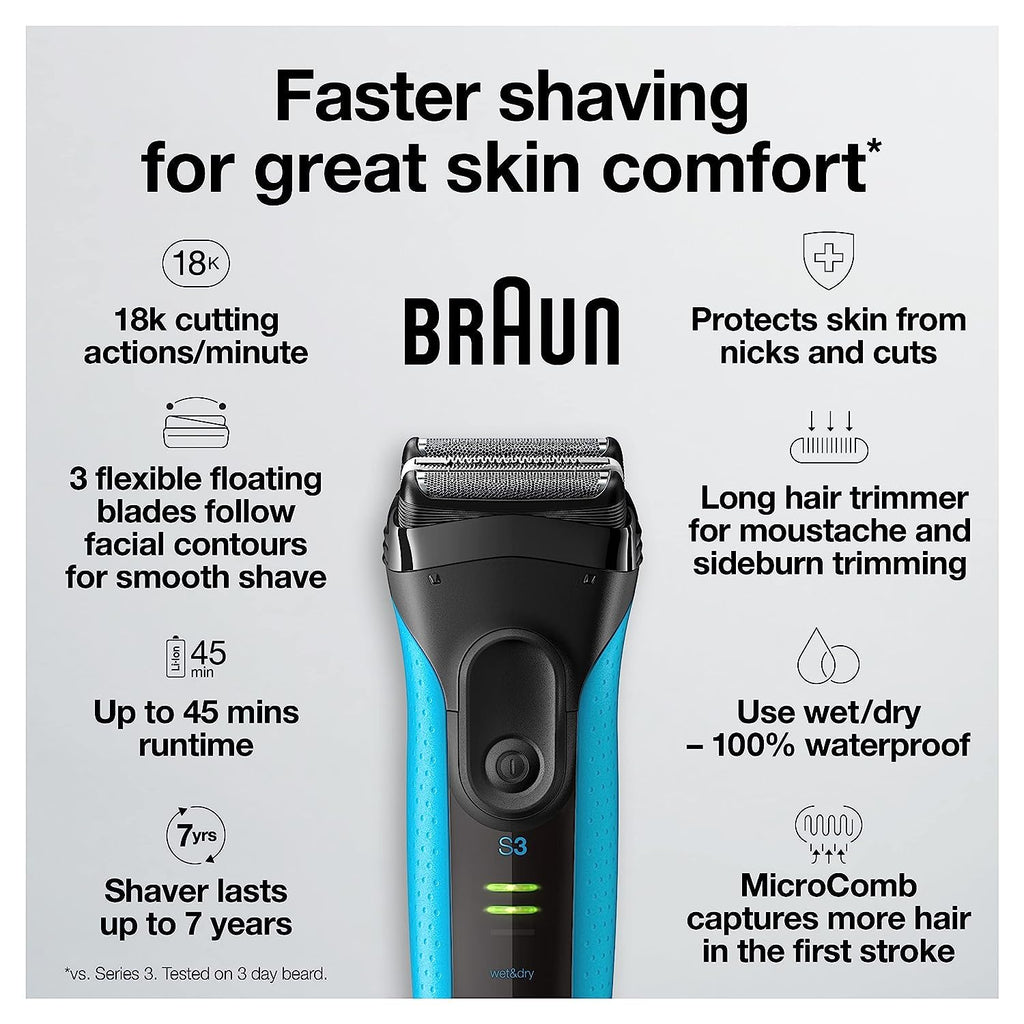 Electric Series 3 Rasierer mit Präzisionstrimmer, wiederaufladbar, Blau/Schwarz