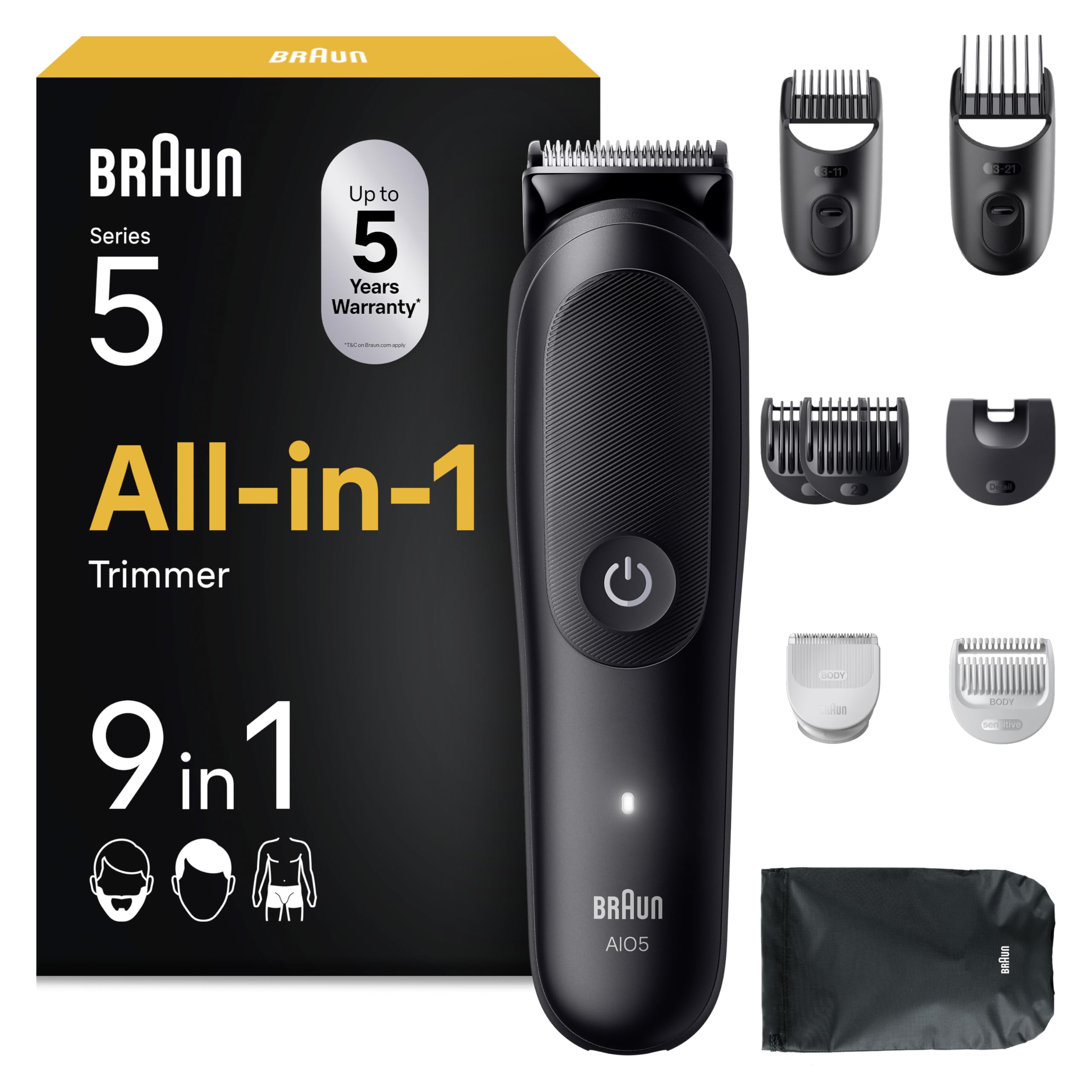 All-in-One Trimmer-Set 5, 9-in-1 Multigroom, Barttrimmer, Haarschneidemaschine für Gesicht, AIO5540, Schwarz