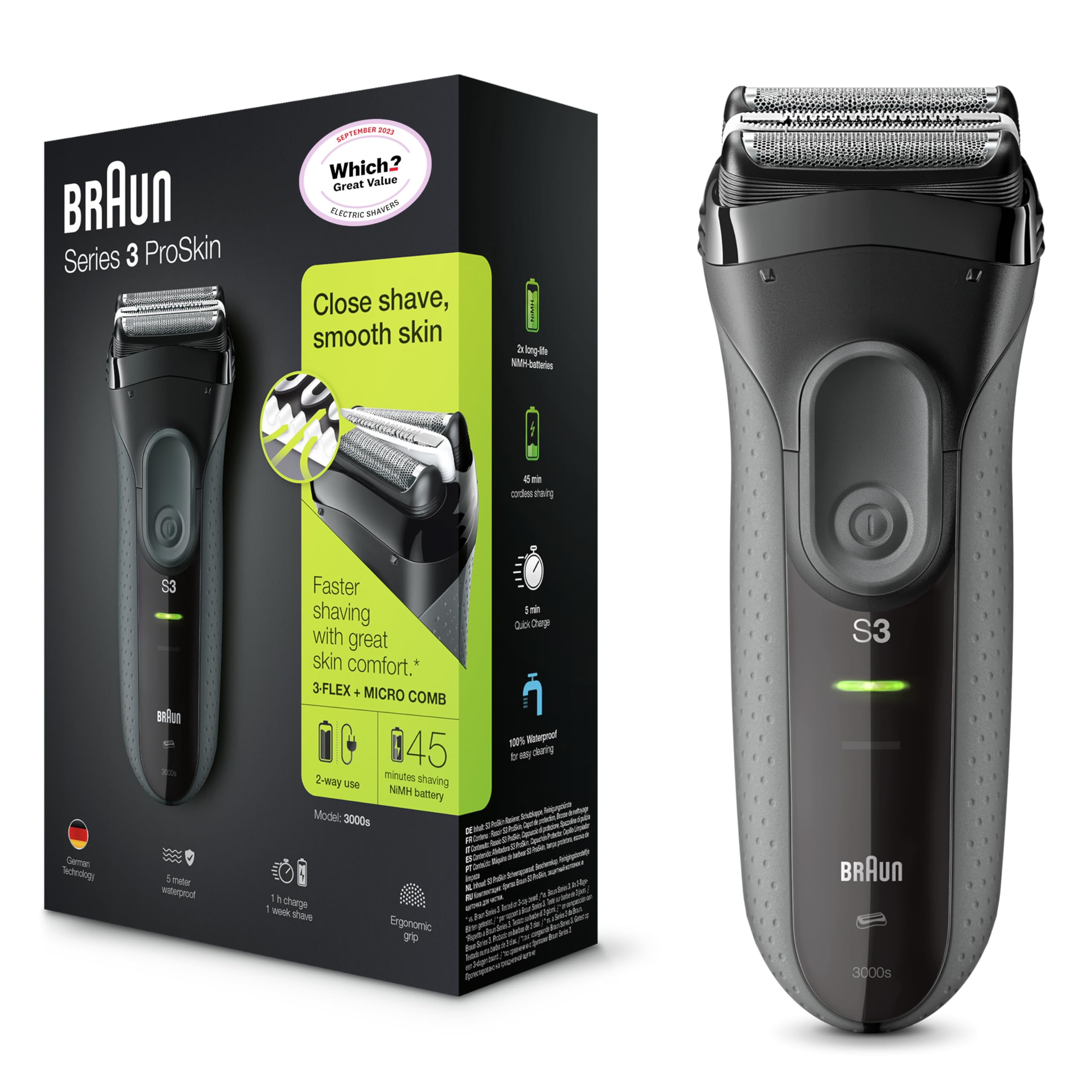 Series 3 ProSkin 3000s wiederaufladbarer Elektrorasierer Wet & Dry für Männer