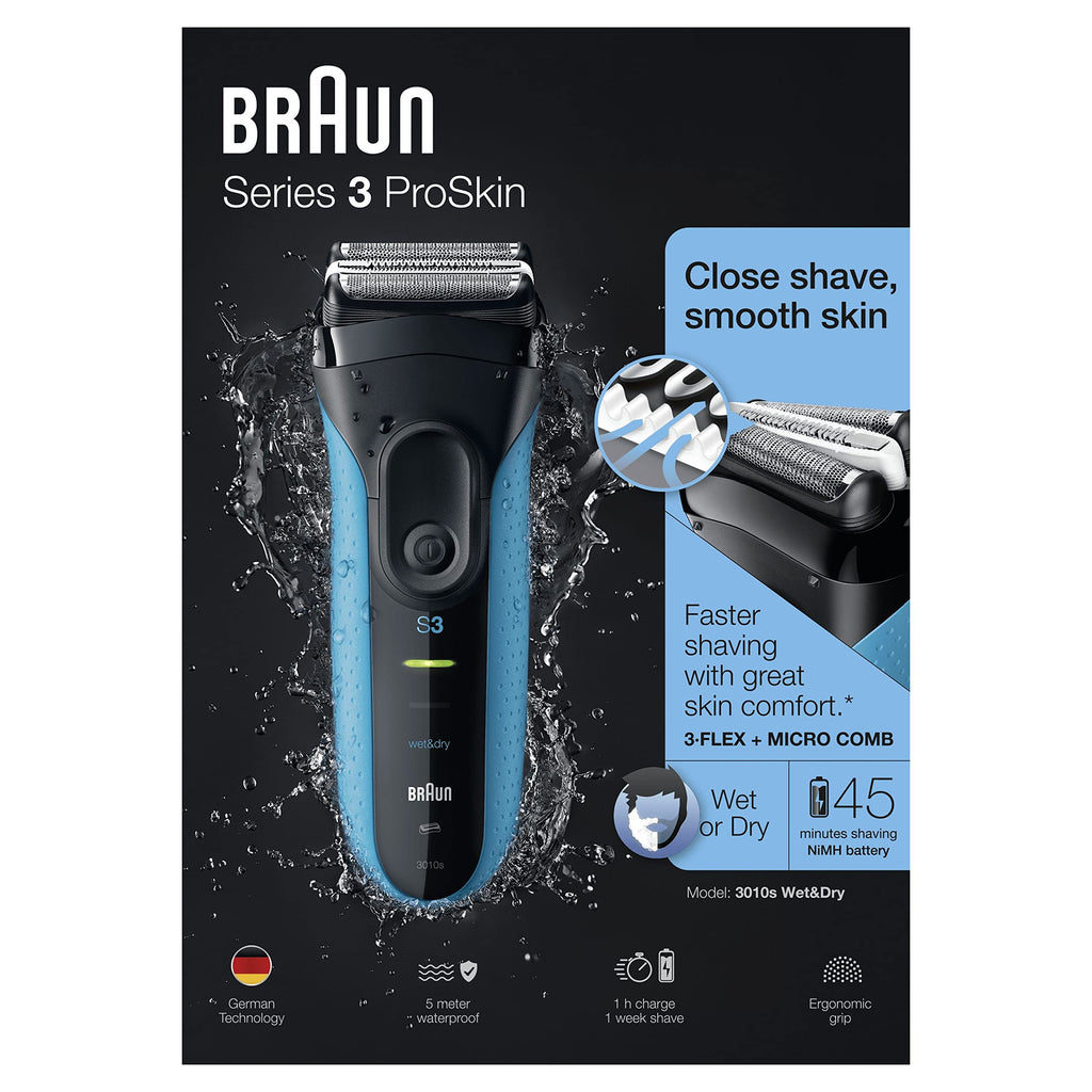 Series 3 ProSkin Elektrorasierer, Elektrorasierer für Männer mit Präzisionskopf, 3010s, Schwarz/Blau Rasierer